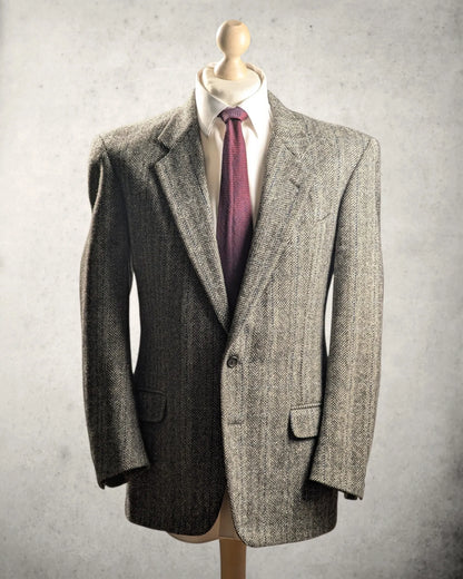 Vintage Crombie Sakko von Claud & Charley aus grauem Herringbone-Wollmischgewebe mit Windowpane-Muster, Größe 52, klassisch 