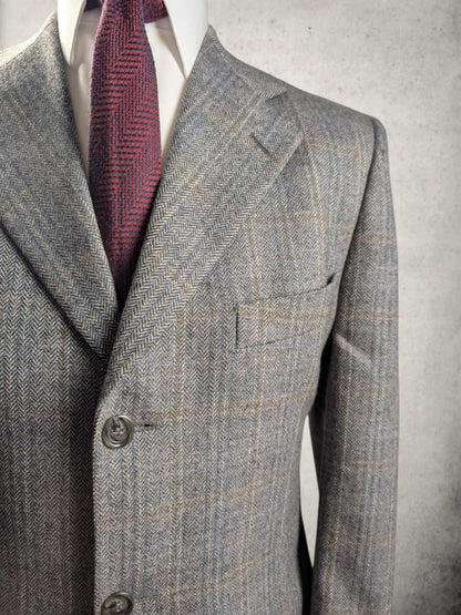 Vintage Facis-Sakko aus grauer Schurwolle mit Windowpane-Muster, Größe 50C. Detailansicht