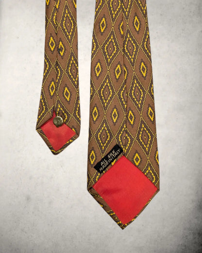 Rückseite einer Seidenkrawatte in herbtlichen Brauntönen und Rautenmuster